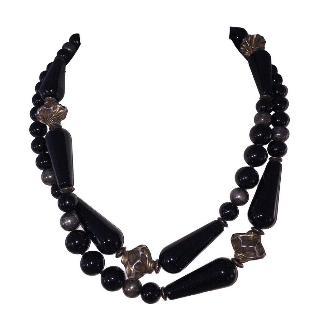 Carved Black Onyx And Sterling Silver Opera Length